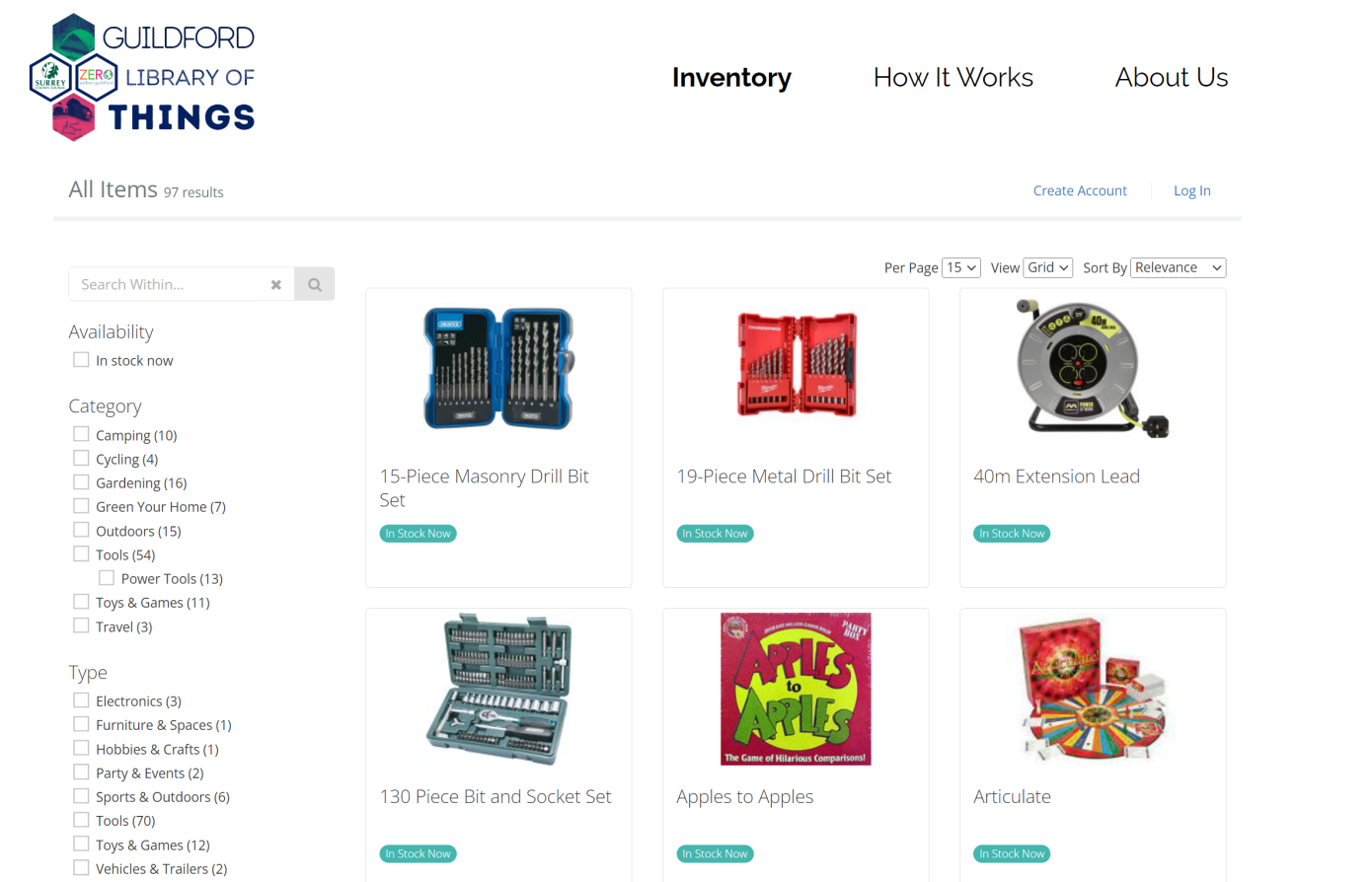 A screenshot of the Guildford Library of Things Inventory shoing a 15-Piece masonry drill bit set, an extension lead, 130 piece it and socket set, the board games Apples to Apples and  Articulate