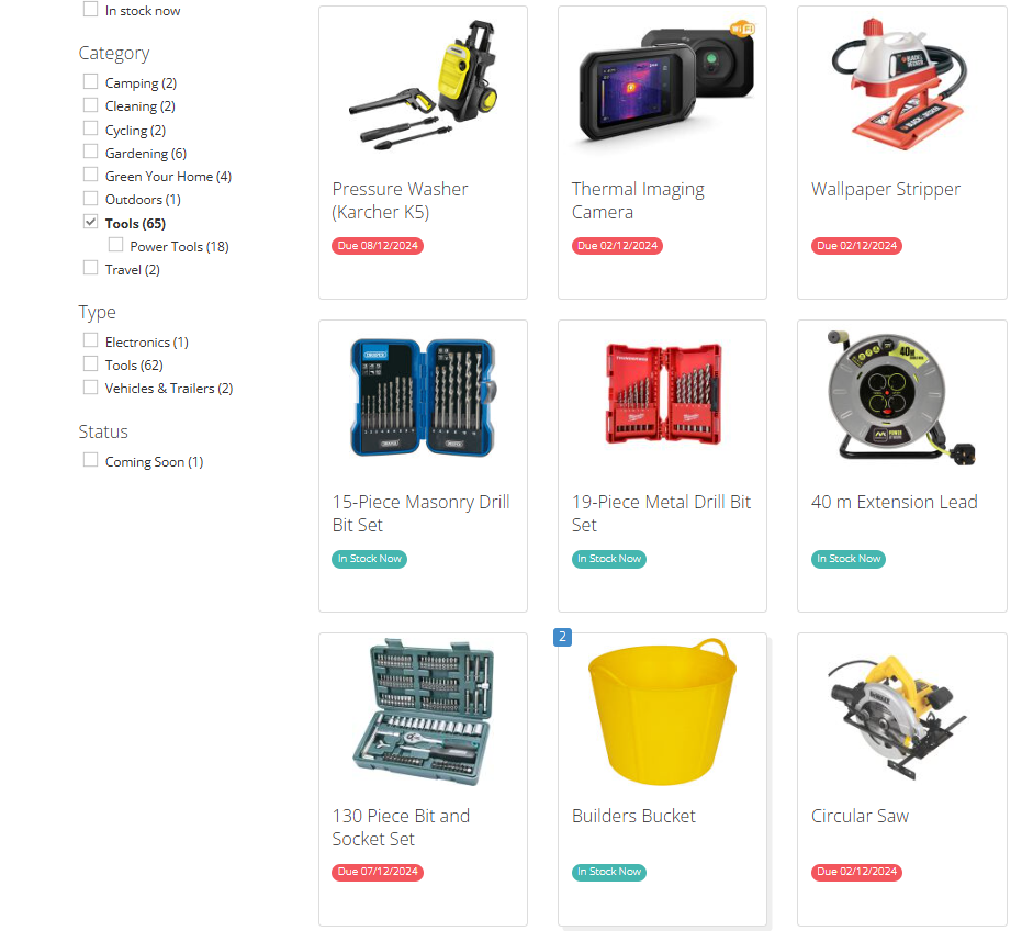 Image from the Guildford Library of Things Catalogue filtered to the tools category showing a pressure washer, thermal imaging camera, wallpaper stripper, 15-piece masonry drill bit set, 40m extension lead, socket set, builders bucket and circular saw