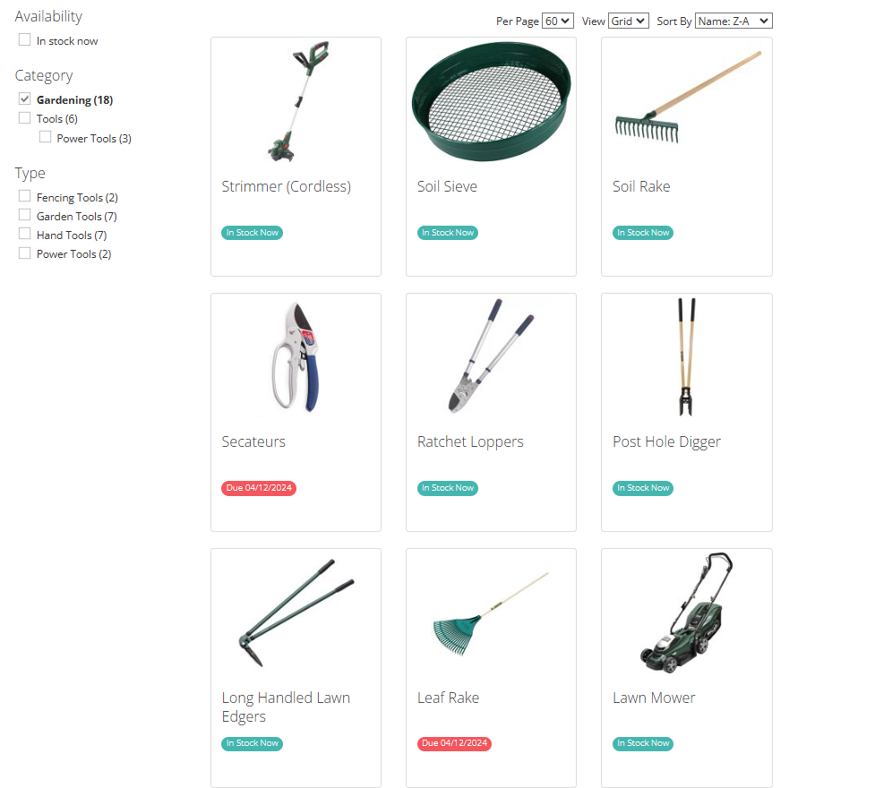 Image from the Guildford Library of Things Catalogue filtered to the Gardening category including a strimmer, soil sieve, soil rake, secateurs, ratchet loppers, post hole digger, long handled lawn edgers, leaf rake and lawn mower.