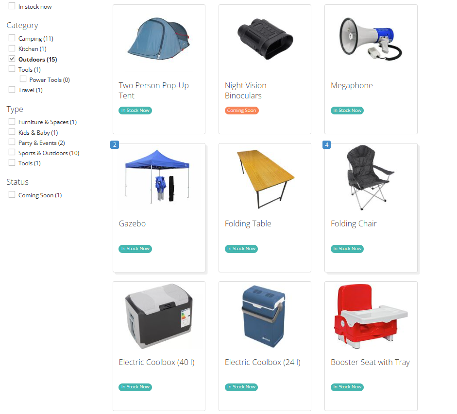 Image from the Guildford Library of Things Catalogue filtered to the Outdoors category including a two person pop-up tent, night vision binoculars, megaphone, gazebo, folding table, folding chairs, electric coolbox, booster seat with tray